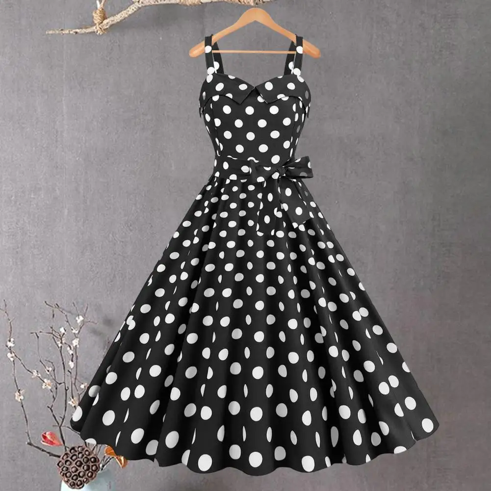 Women Vintage Dress 50s Retro A-line Big Swing Sleeveless Dot Print High Tight Waist Backless Knee Length Evening Dress Summer