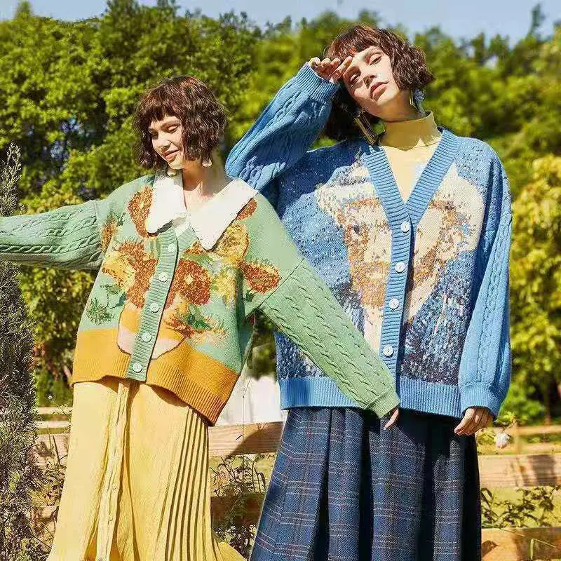 Unisex Cardigan Sweater Harajuku Van Gogh Sunflower Knitted Button Cardigan Women Men Autumn Casual Loose Knit Top Green Blue