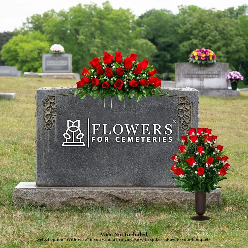 زهور المقبرة التذكارية الاصطناعية: مجموعة 30 وردة حمراء روبي مع سرج وباقة مطابقة لتحية مقرمى المحاربين القدامى