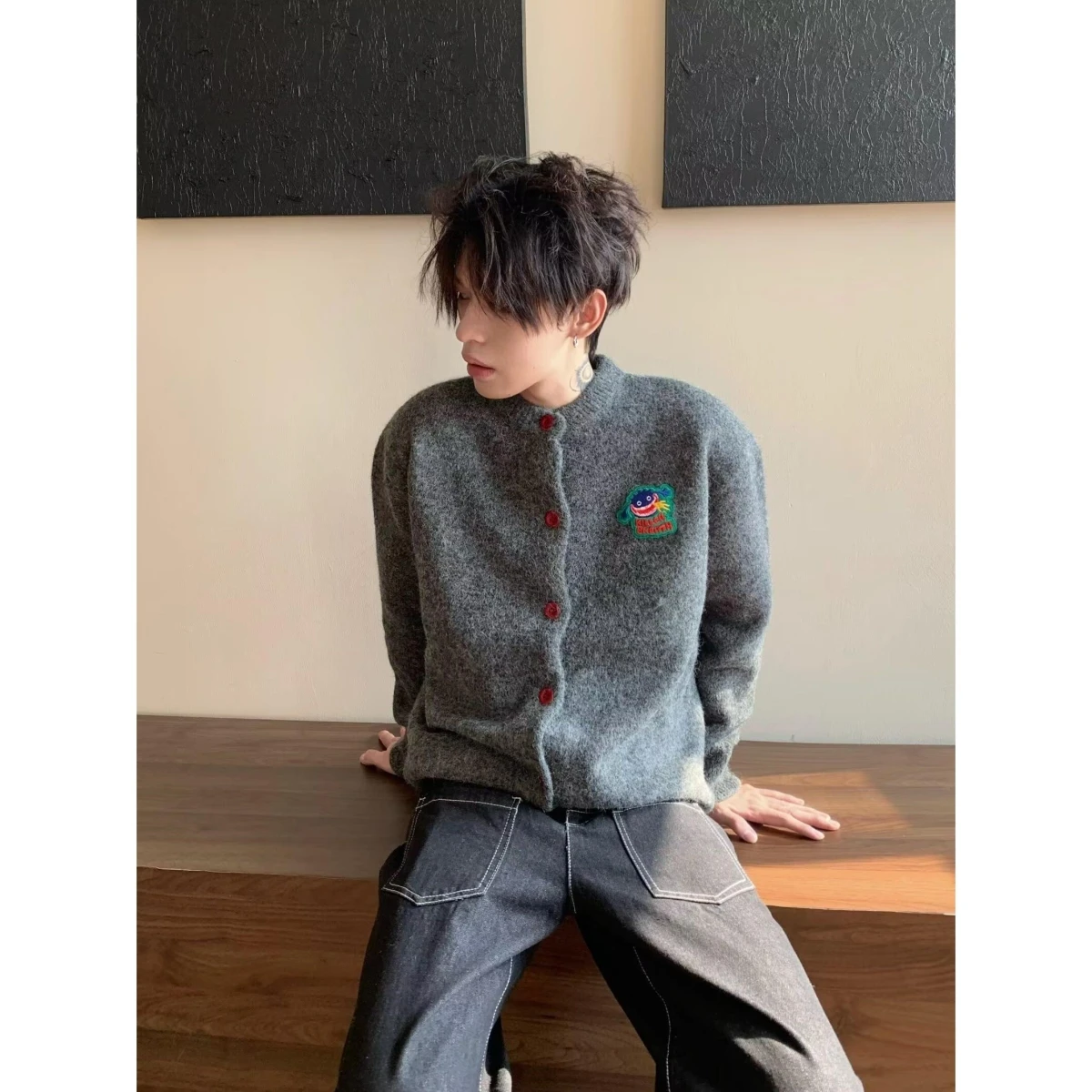 

Fall Winter V-Ne Knitted Sweater Cardigan Men's Color Casual Sle Outerwear Loose Fit Hard Texture Polyester Fiber