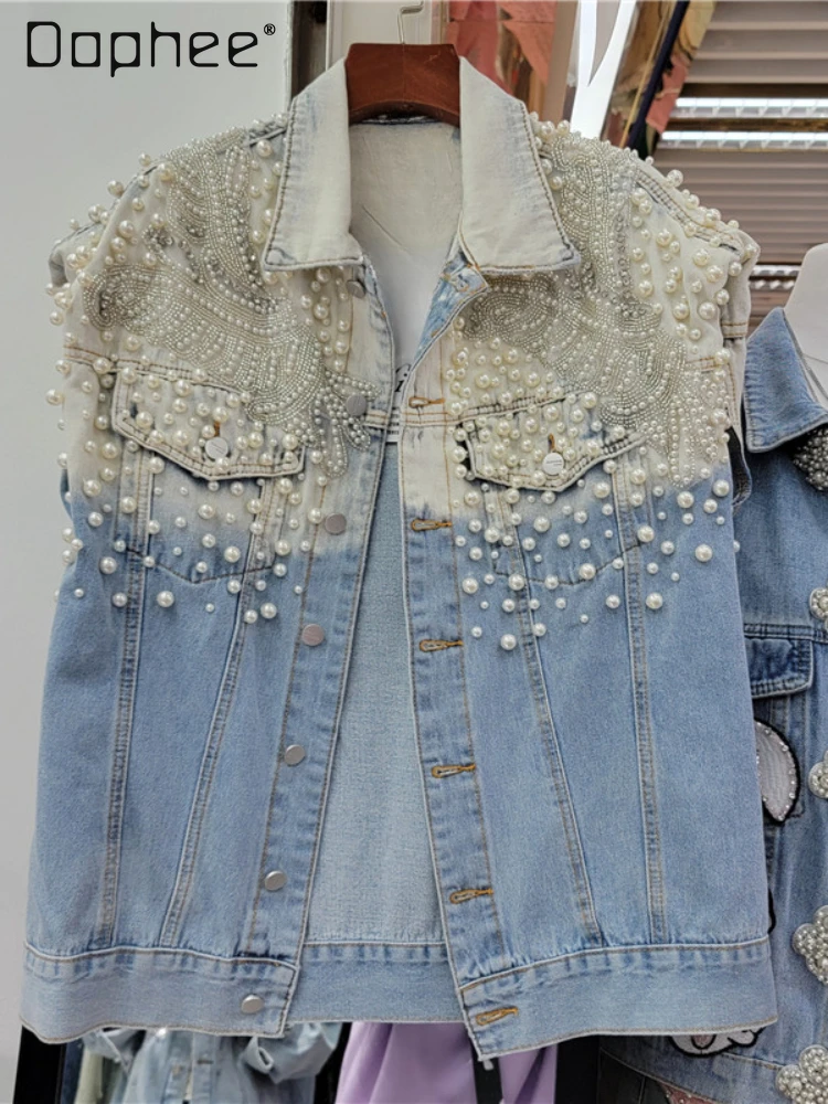 

Korean Style Loose Gradient Color Handmade Beaded Casual Denim Vest for Women Spring Summer New Sleeveless Single-Breasted Coat