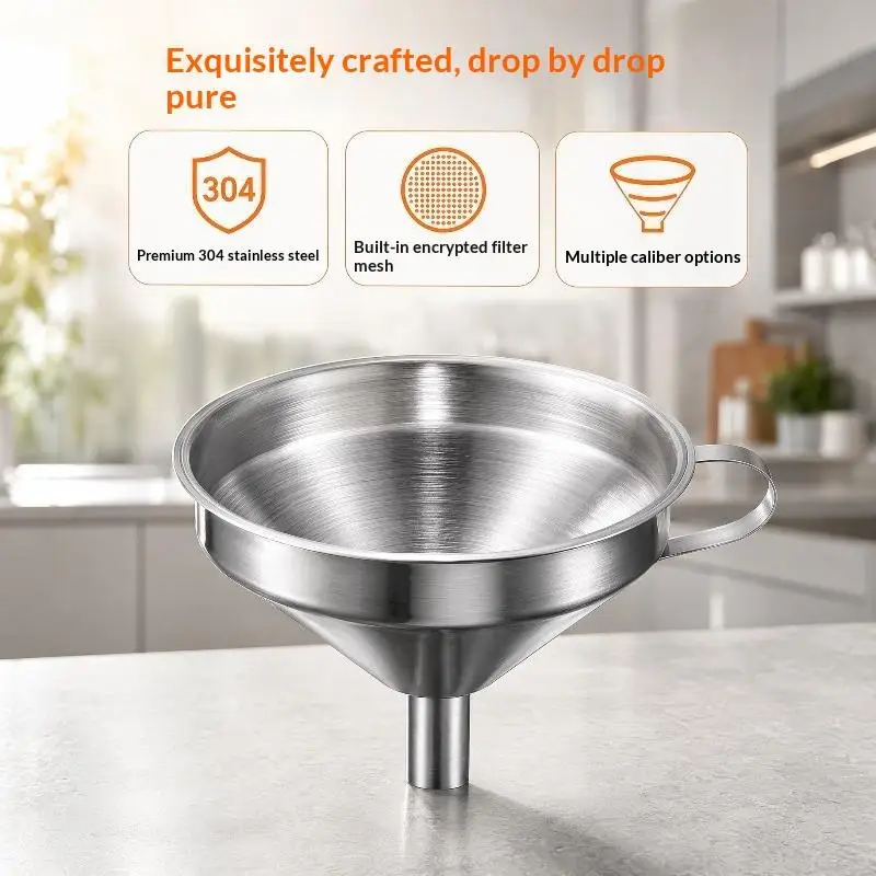 Stainless Steel Funnel With Thickened Filter Strainer And Sturdy Handle For Kitchen Liquid Transfer Oil Filling Home Brewing
