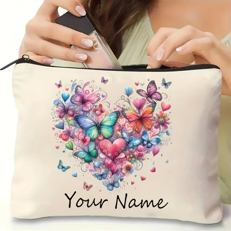 

Customizable Name Vintage Rainbow Butterfly Floral Makeup Bag Personalized White Cosmetic Pouch with Heart Design Gift for Women