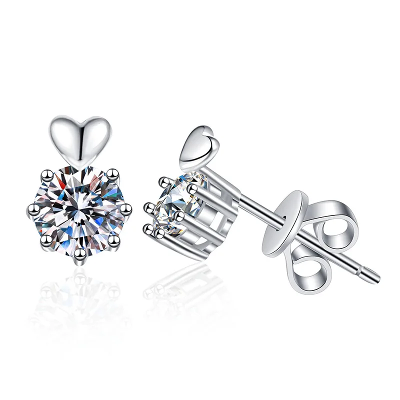 Platinum PT950 18K Gold Earrings Women's Light Luxury Korean Version Love Six Claw Moissanite Earrings D Color 1carat Moissanite