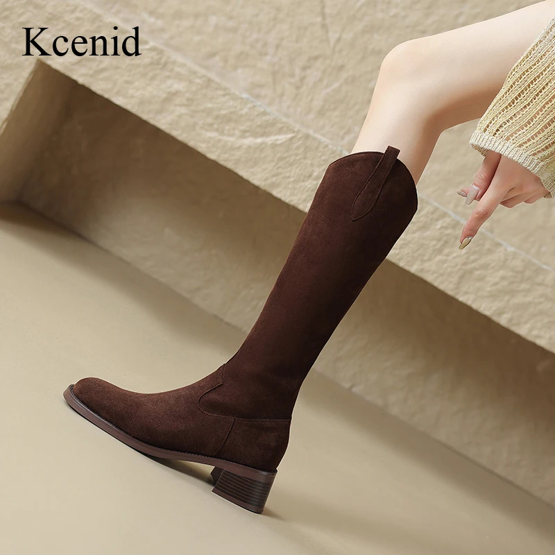 

Kcenid Fashion Flock Knee High Boots Women Square Heels Autumn Winter Warm Long Boots Concise Round Toe Motorcycle Boots