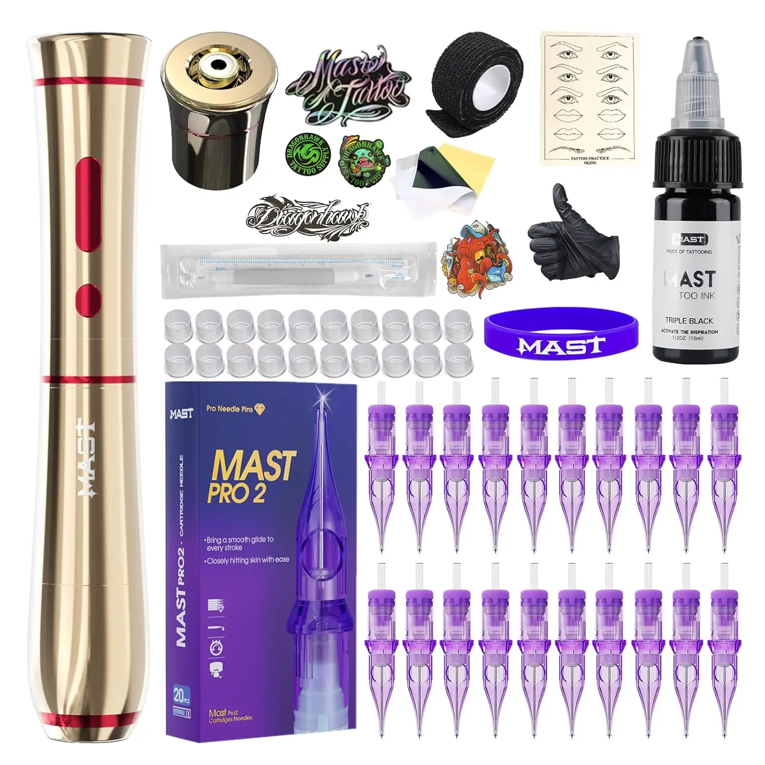 

Беспроводной набор для татуажа - роторная ручка для бровей, губ, подводки для глаз с 20 картриджными иглами, легкий и тонкий дизайн (золотой)