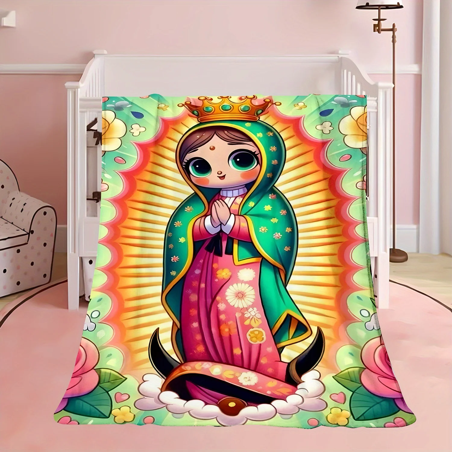 Adorable Cartoon Virgin Mary Print Blanket - Versatile All-Season Flannel Throw for Home Decor, Naps, Office, Sofa & Travel - Pe