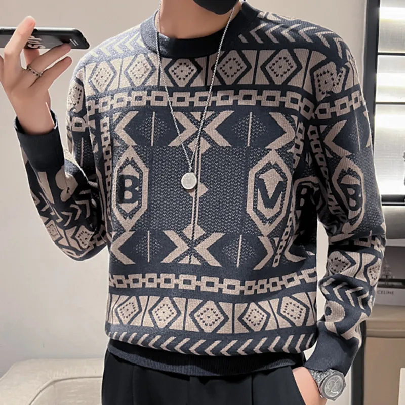 Men Causal O-Neck Sweater Fashion Printed Fall Winter Streetwear Christmas Pullover Knitted Jumper Sweater Slim Fit Male Clothes