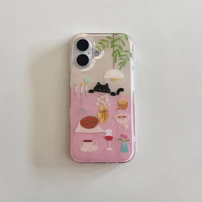 Ins Girl Cute Dining Table Little Black Cat Cartoon Phone Case For iPhone 17 16 15 14 13 12 11 Pro Max Y2K Creative Black Cover - view 4