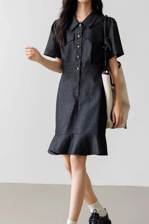 

Cowboy Dress Women's Summer New Short Sleeved Fishtail Skirt Commuting Short Stature Temperament Short Skirt