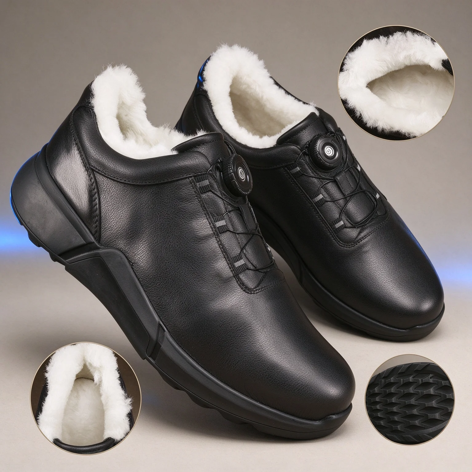 Men Winter Snow Boots Genuine Leather Rotary Dial Buckle Real Wool Warm Ankle Boots Non-slip Rubber Sole Casual Winter Boots