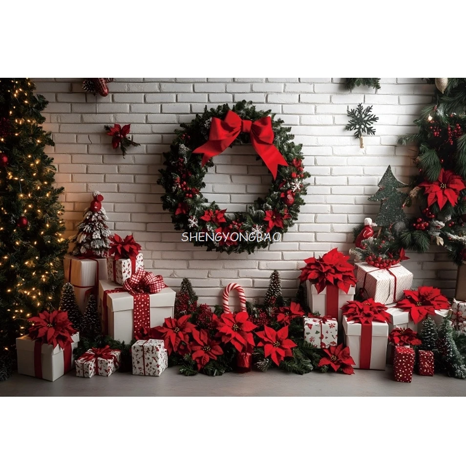 الهدايا إكليل الأبيض الطوب جدار خلفية عيد الميلاد الطفل الاطفال صورة الأسرة حفلة التصوير خلفية ديكور صور استوديو الدعائم