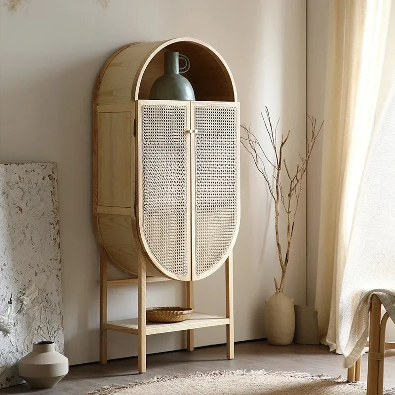 

A Wabi Sandy Wind Solid Wood Dining Side Cabinet Household Ash Wood Rattan Double Door, Locker Hotel Storage Locker