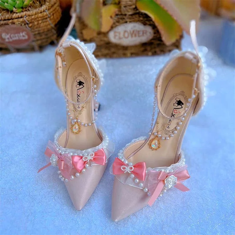 pink kitten heels Weddings bridal shoes heels woman luxury lolita heels for ladies y2k pearl heeled shoes women elegant