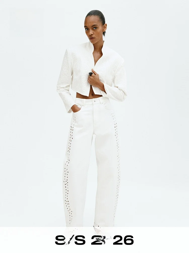 

H&M Summer New Women's Embroidered Hollow out Jeans Straight Leg Cotton Natural Waist No Stretch Ladies Jeans 1334189