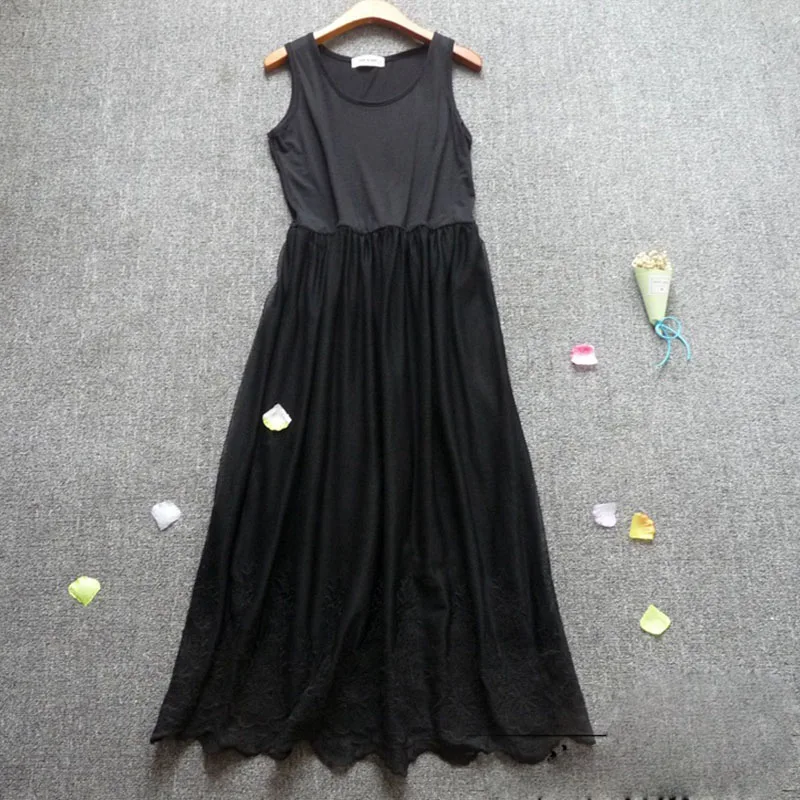 Verão floral bordado vestido roupas femininas sem mangas macio modal camada de renda preto branco mori menina tanque novo em vestidos u535