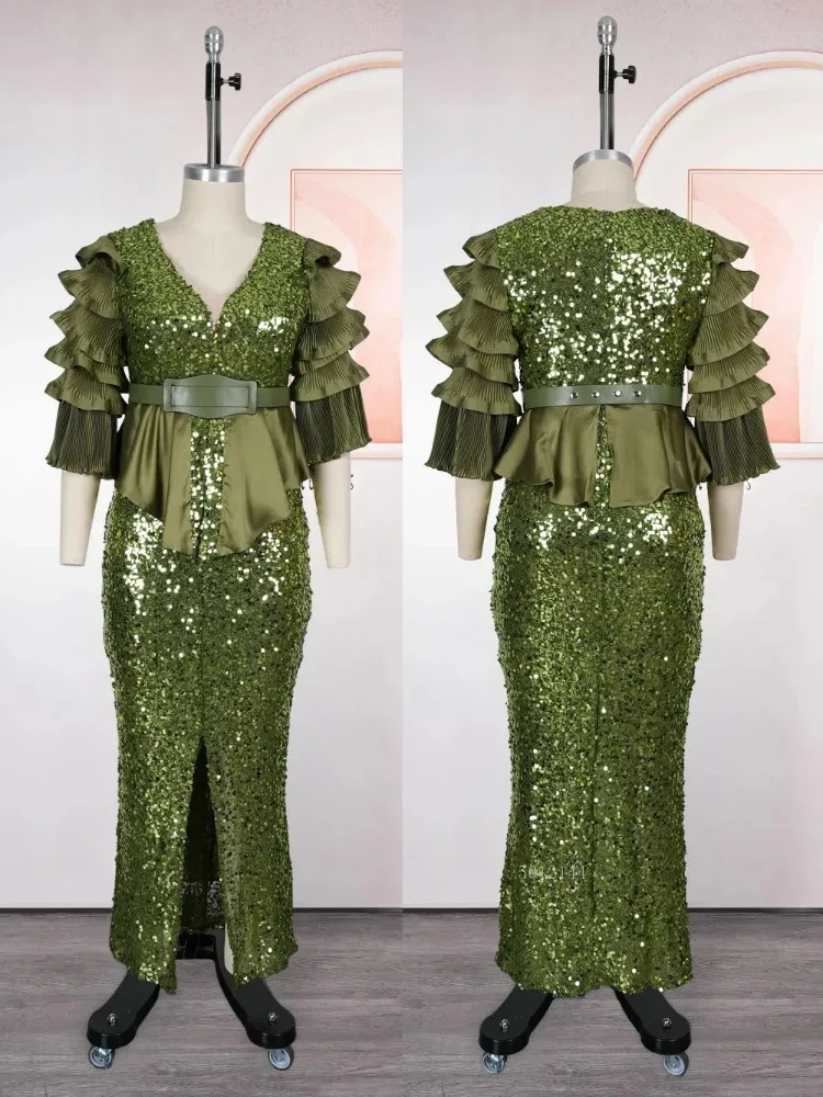 

Африканские платья для женщин с v-образным вырезом и оборками на рукавах с баской и высоким разрезом Платье русалки Турецкое платье Плюс Размер Свадебное платье