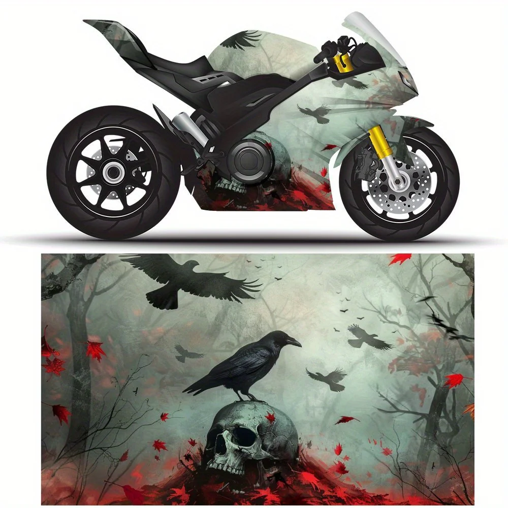 

Подставки вороны на черепе, в темном лесу, с падающими красными кленовыми листьями, мотоциклетные наклейки с полной оберткой, декоративные мотоциклы
