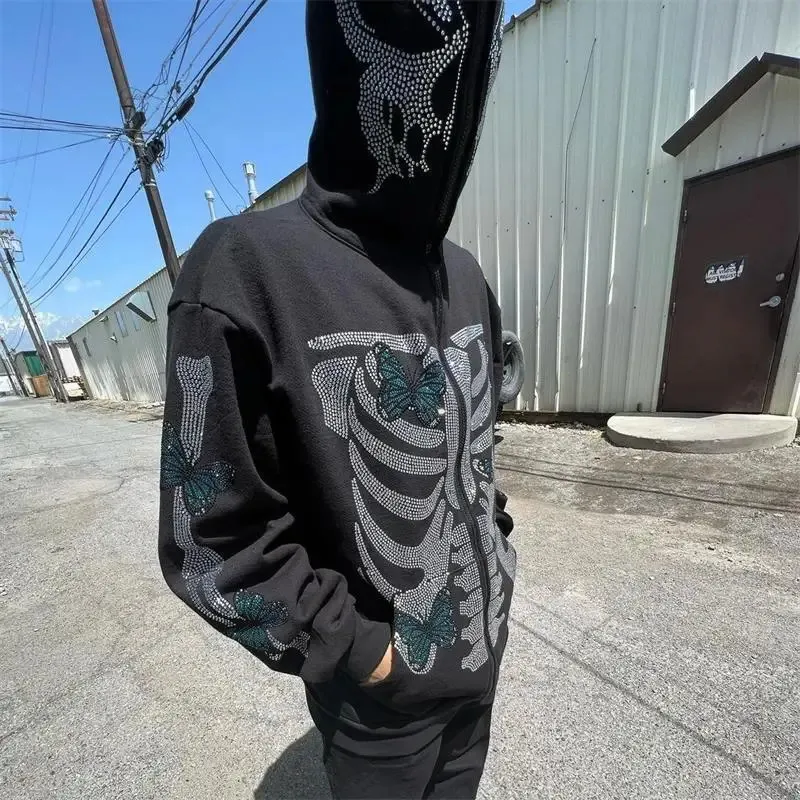 Y2K felpa con cappuccio da uomo Halloween Skull abbigliamento primavera e autunno felpa con strass gotico Hip Hop Grunge cappotto maglione grande