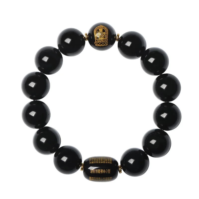 Natural Black Gold Obsidian Men\'s Amulet Bracelet Heart Sutra Buddha Bead Women\'s Tai Sui Lucky Bead Attracts Wealth Hand String