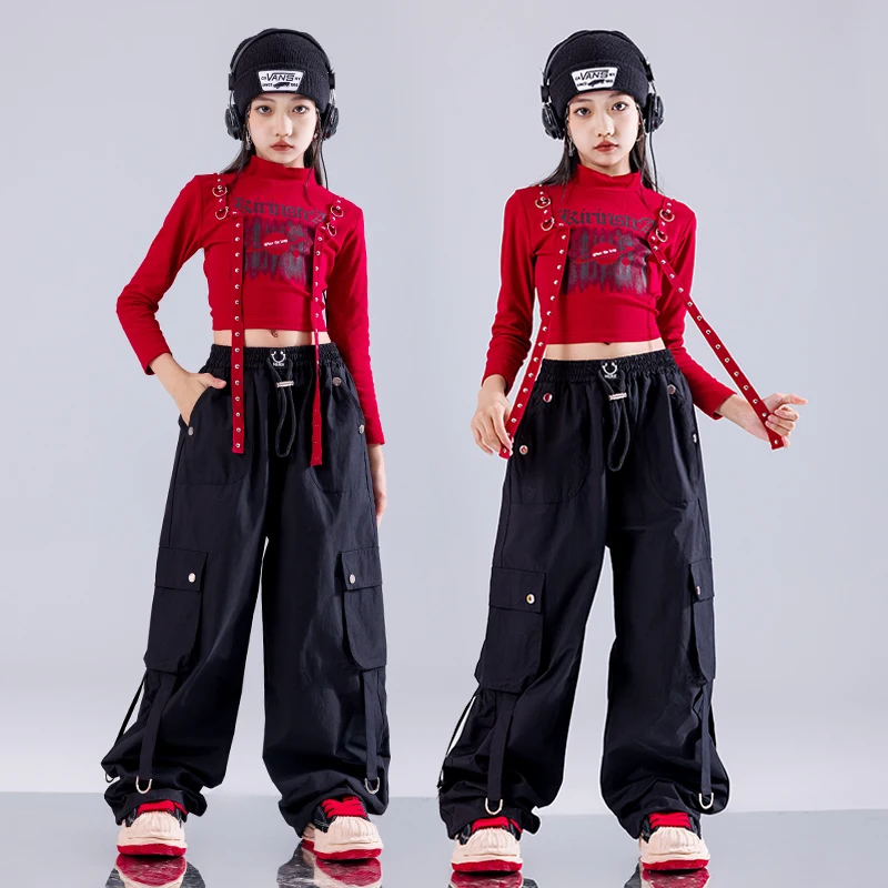 Kid Hip Hop Clothing Streetwear Shirt Black Casual Cargo Pants Strap Pleated Skirt for Girls Jazz Dance Show Costumes Clothes