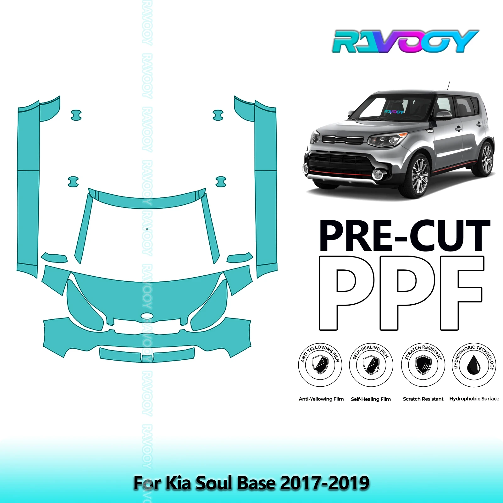 

8.5Mil Precut Paint Protection Film PPF Clear Bra Front Kit+Rockers For Kia Soul Base 2017-2019