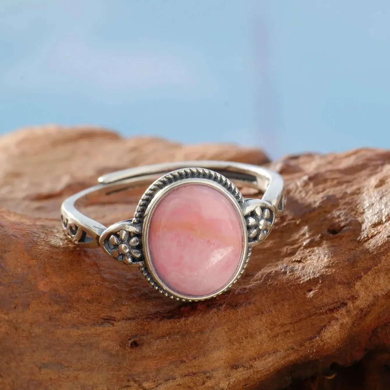 S925 Silver Women's Ring 10x8mm Pink Rhodochrosite Love Stone Open Bands Floral Boho Jewelry Handmade Emotional Healing Gift