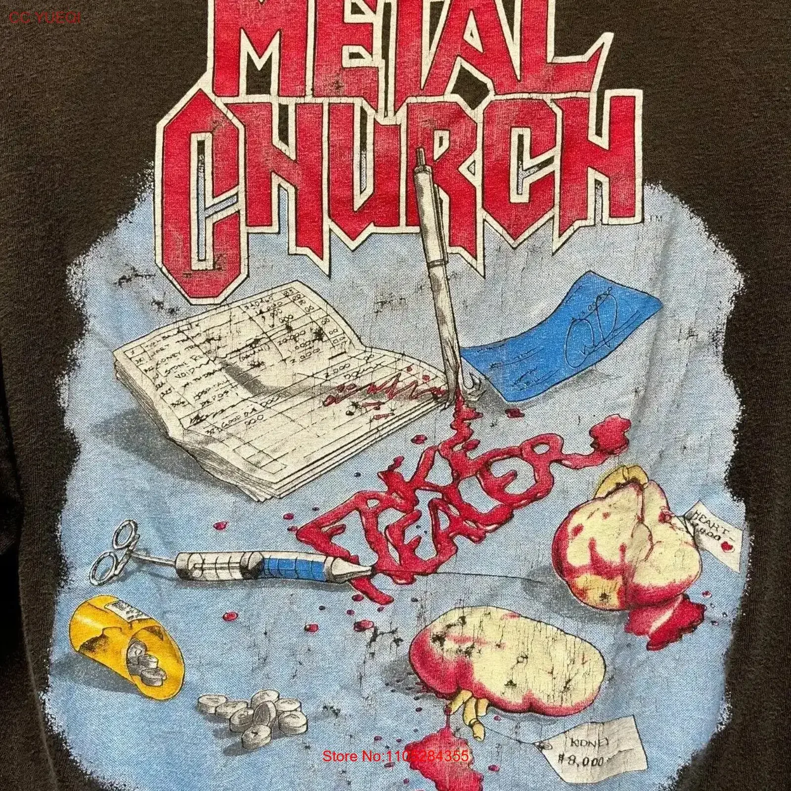 Vintage Metal Church 1989 Faded Punk Band T-Shirt aus schwarzer Baumwolle HRN03, gewaschener Grafikdruck, dehnbar, vielseitig, stilvoll, Vintage-Look