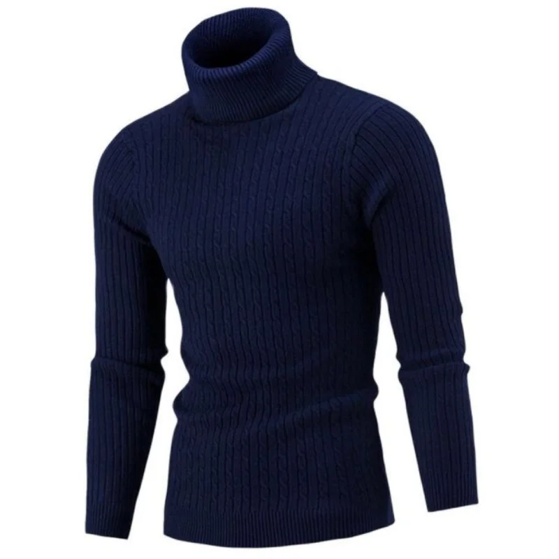 Jersey de punto para hombre, Jersey ajustado de cuello alto, de Color sólido, para Otoño e Invierno