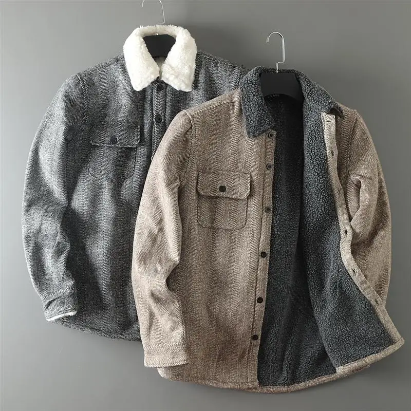 

Thiened Lamb Fur Simulation Men's Autumn Winter Casual Lapel Coat with Fce Inner Stand Fit Faion Urban Sle