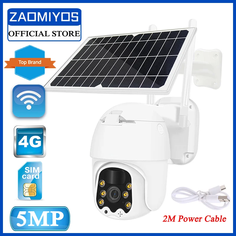 ZAOMIYOS Solar Camera 5MP WIFI/4G Sim card Outdoor Wireless 8W Solar Panel Surveillance Camera Security Protect 360 PTZ CCTV Cam