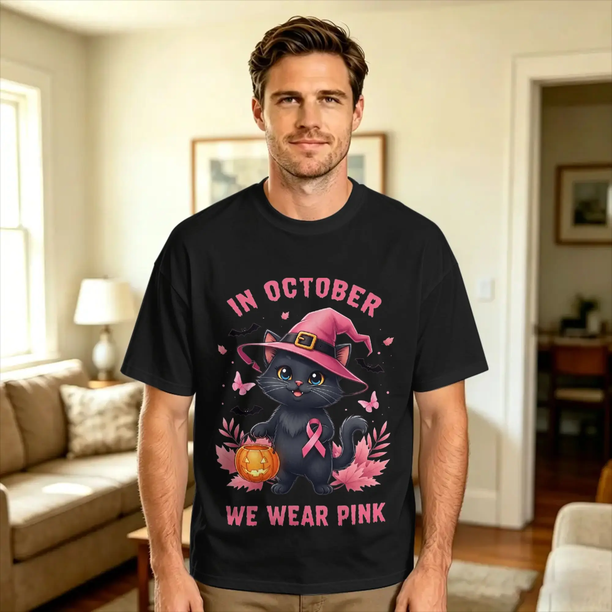 Fun Cat Pink Ribbon in October We Wear Pink Breast Cancer T Shirt Summer  Classic T-Shirts Pure Cotton Hip Hop Tshirt For Men