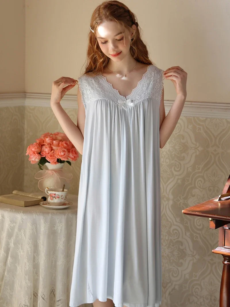 Women Summer Lace V-Neck Sleeveless Fairy Princess Victorian Nightgown Vintage Sweet Girl French Pajamas Nightdress Sleepwear