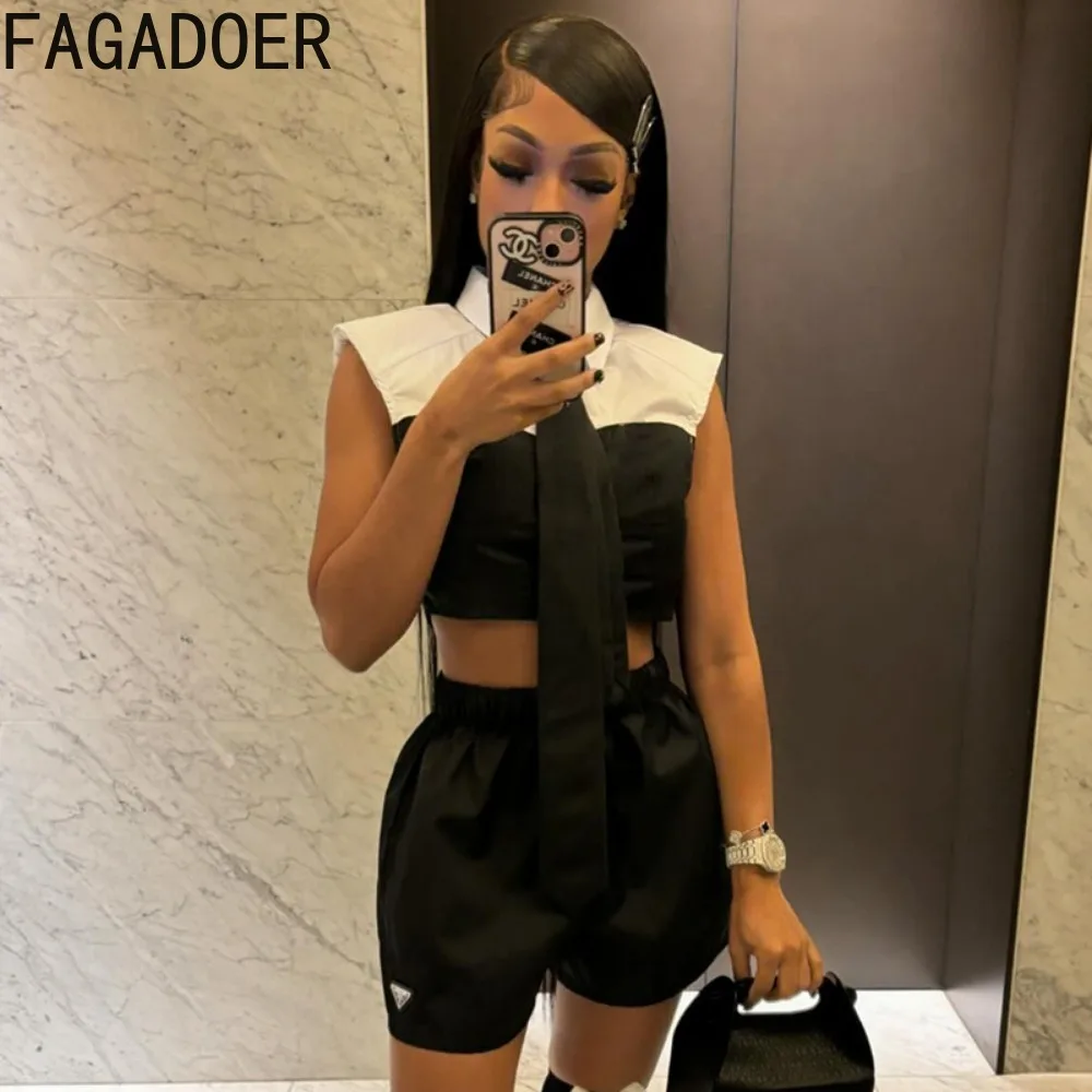 FAGADOER Black White Fashion Color Stitching Slim Crop Top Women Turndown Collar Button Sleeveless Shirts Female Clothing 2024