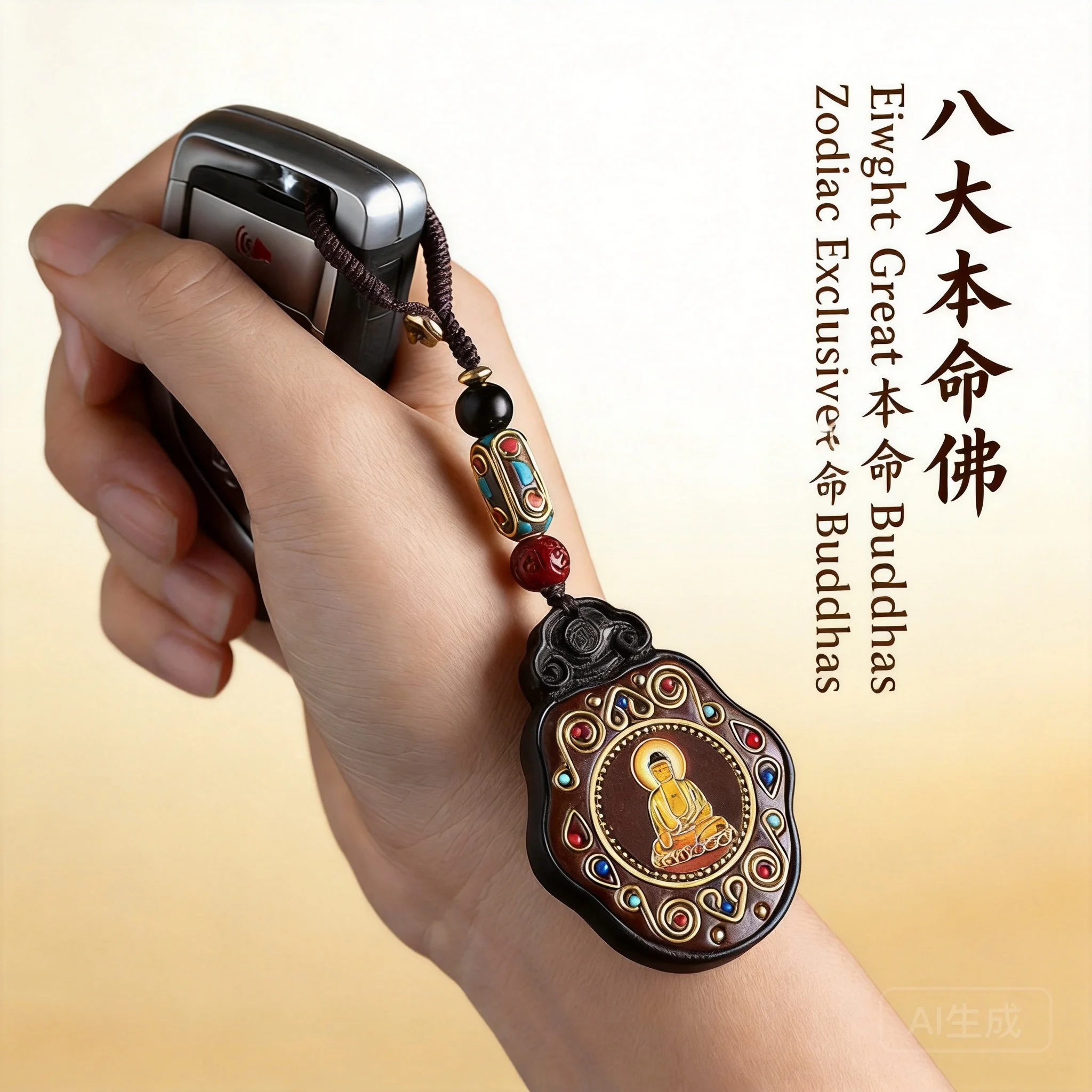 Ebony Car Key Chain 8 Patron Buddha Pendant for 12 Chinese Zodiac Signs Unisex Retro Amulet Hanging Ornament Engravable Blessing