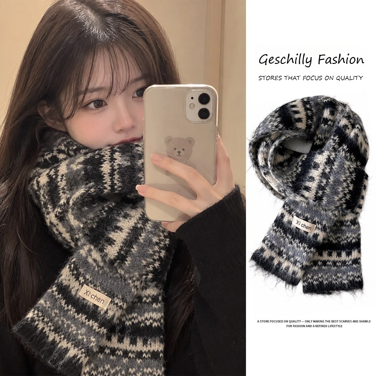 Women Winter Fall Knit Scarf Mohair Fuzzy Yarn Warm Nordic Scarf Soft Fair Isle Long Skinny Scarf Korean Style Cozy Stylish Gift