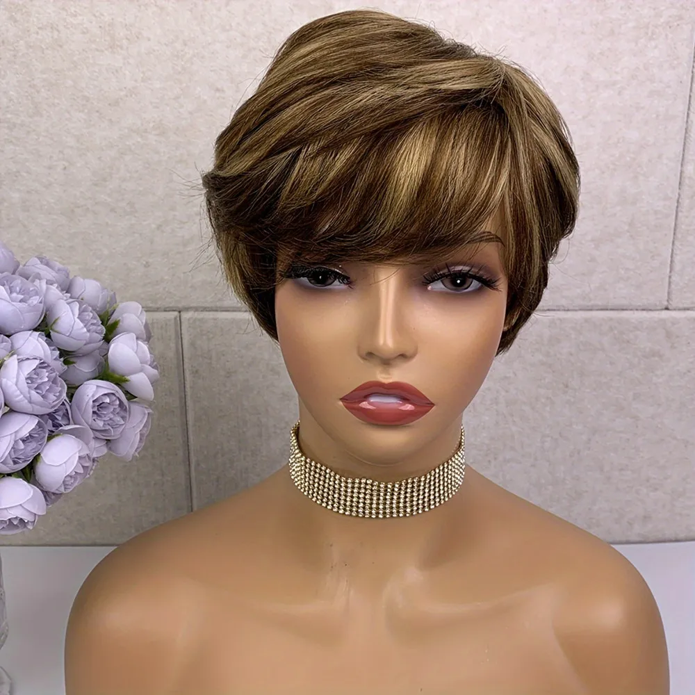 6inch 150% density remy hair wig 427 high light  color machine made pixie cut short straight human hair wig for women