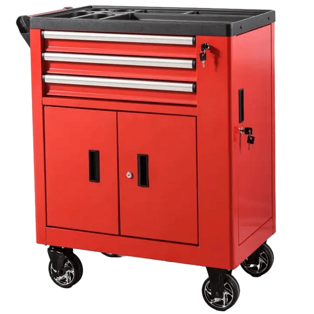 Red Tool Cabinet With 3 Drawers And 2 Door For Workshop And Tool Storage