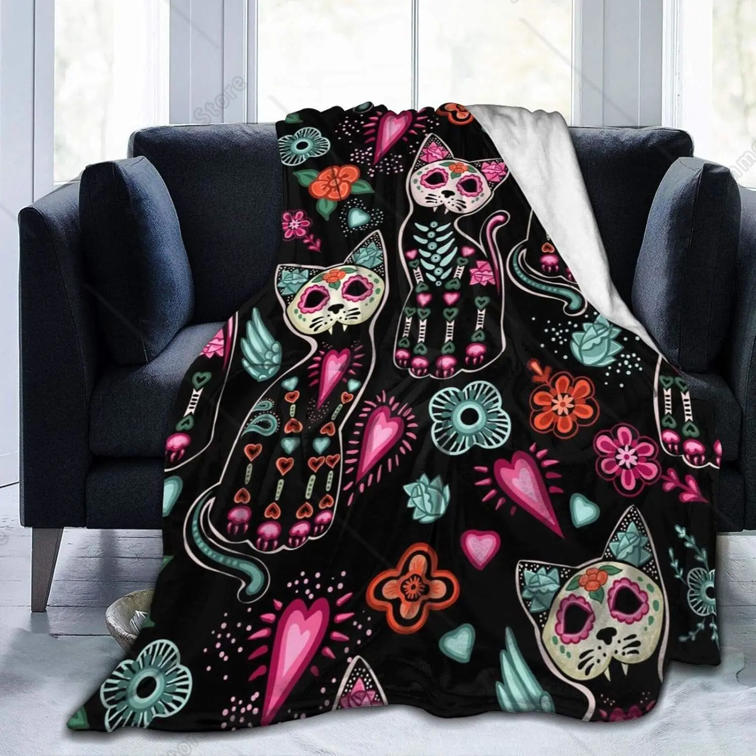 Day Of The Dead Cat Kitten Sugar Skull Throw Blanket Plush Microfiber Flannel Fleece Blanket 60