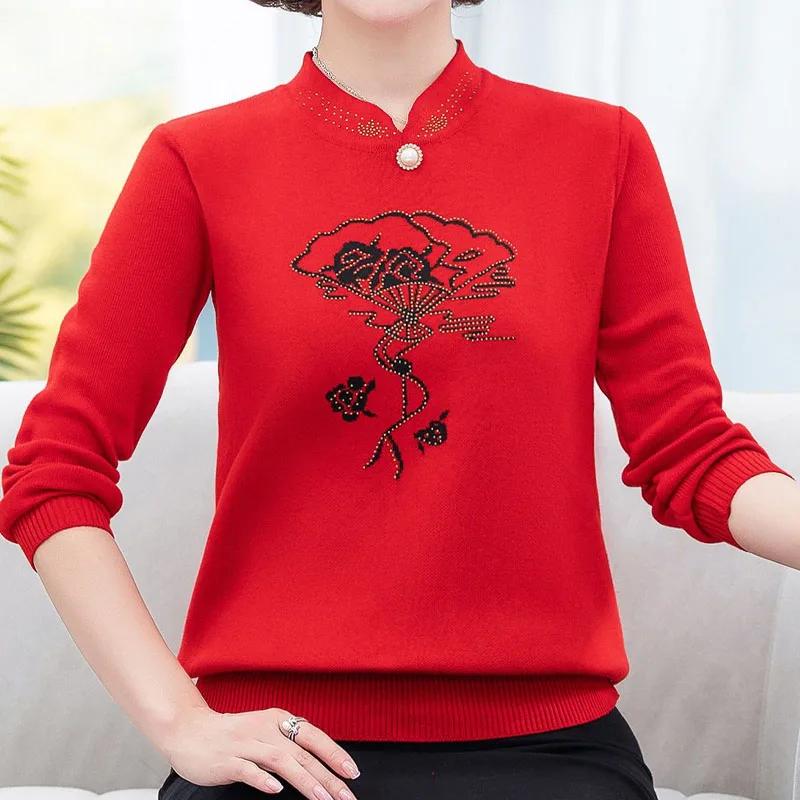 Autumn Winter Fashion Printed Diamonds Sweaters Women's Clothing Long Sleeve Casual All-match Stand Collar Sweaters for Female