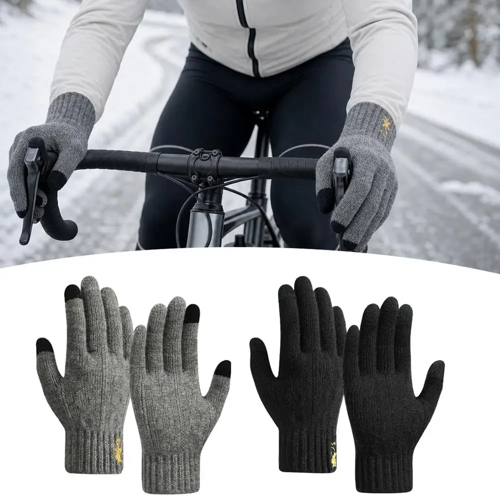 Winter Knitted Touch Screen Gloves for Men Women, Thickened Warm Windproof Solid Color Outdoor Cycling Gloves