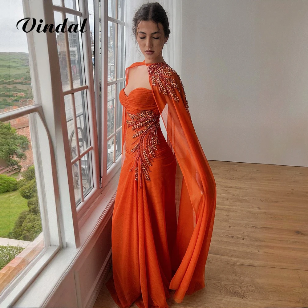Vindal – robe De soirée longue en mousseline De soie Orange, avec Cape et cristaux, robe De bal élégante, robes De soirée De mariage, personnalisées