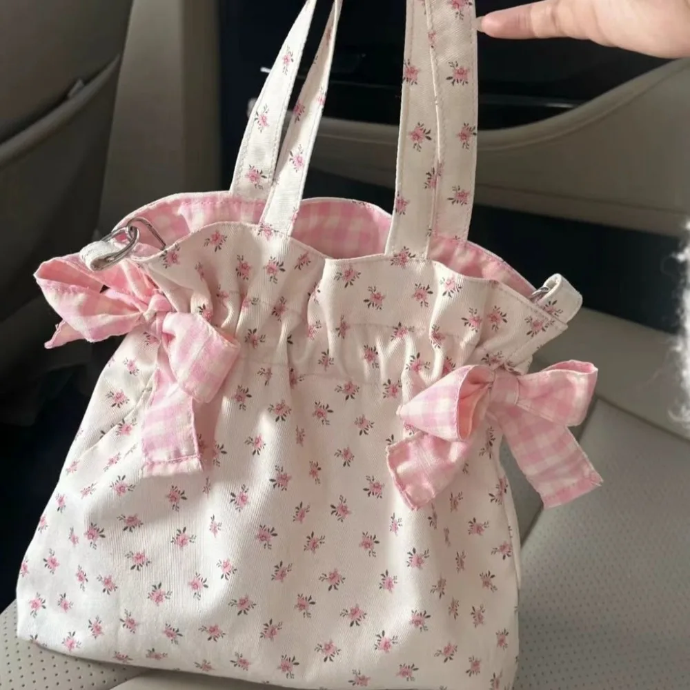 

Simple Sweet Shoulder Bag Large Capacity Printed Tote Bag Fashion Sweet with Bowknot Storage Handbags Canvas Underarm Handbags
