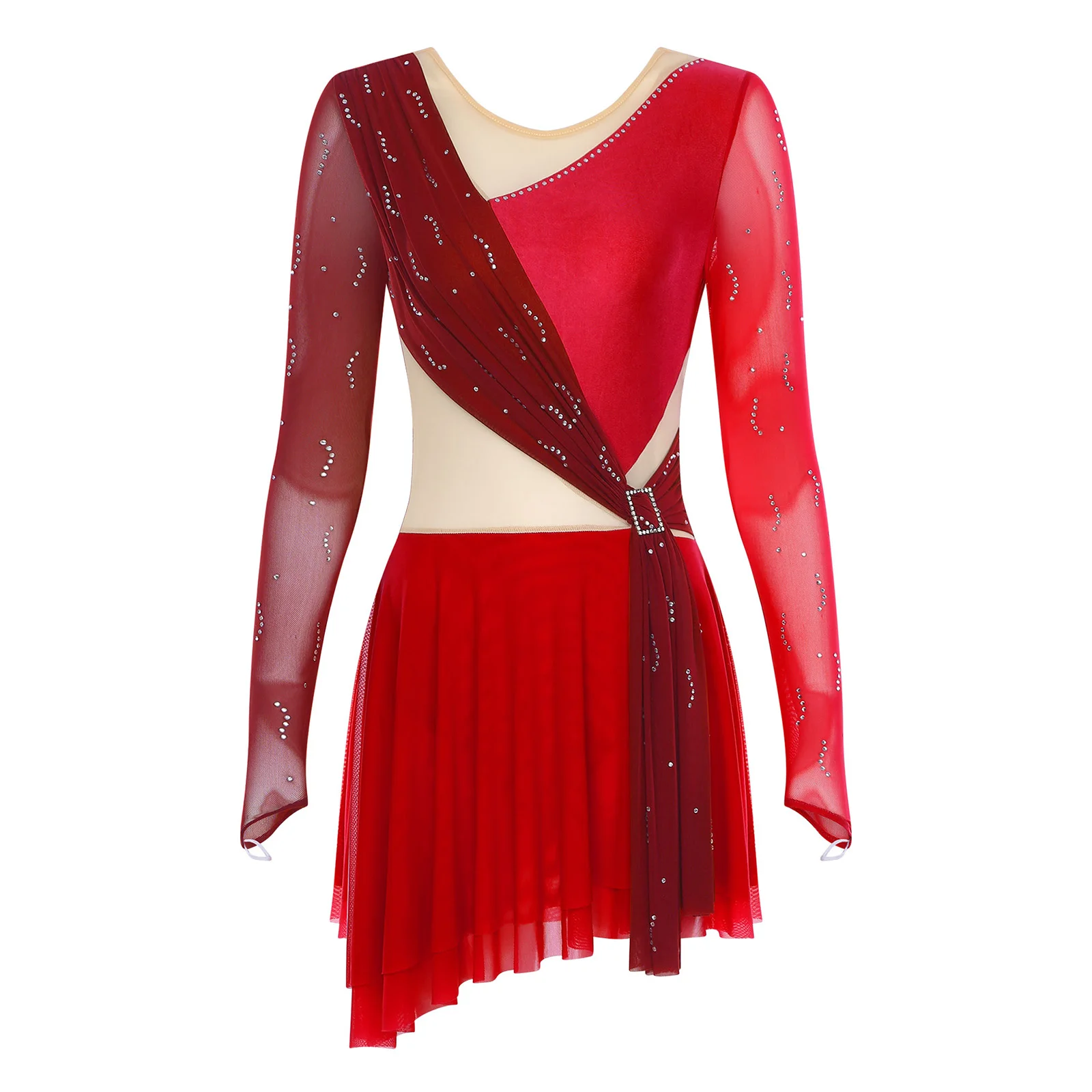 

Womens Lyrical Ballet Leotard Mesh Artistic Rhinestone Long Sleeve Dress for Ballet Latin Dance Ballroom Performance Dance-wear