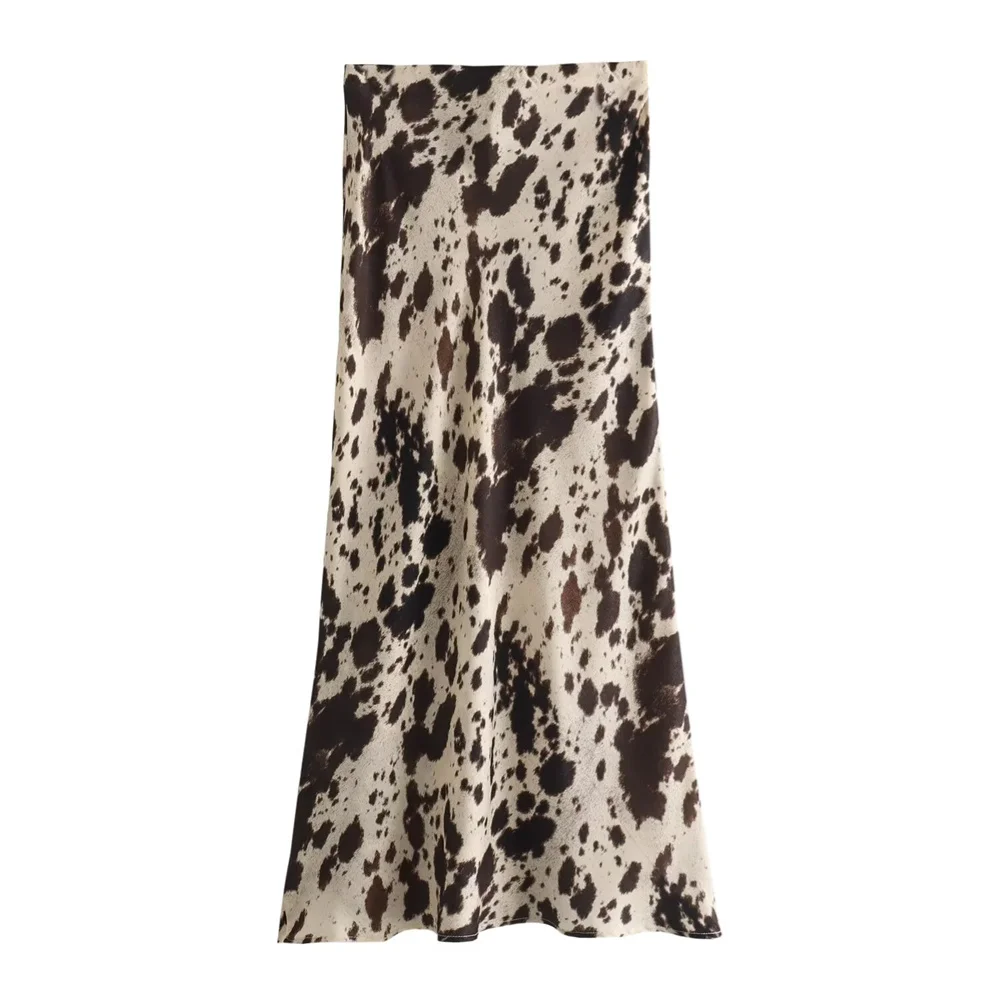 2024ZAR4   Spring Summer Women\'s Fashion niche animal print silk satin texture high waisted midi skirt