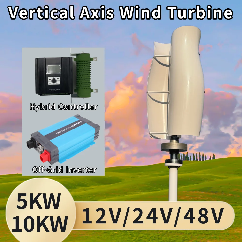 Home Wind Turbine Vertical 5000W 12V 24V 48V 10KW 8KW Low Start-Up Wind Speed with Mppt Hybrid Controller Renewable Free Energy