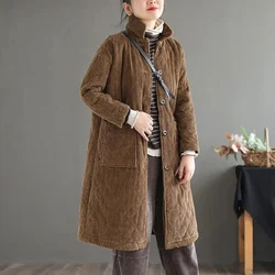 Corduroy Quilted Jacket Women, Casual Stand Collar, Thicken Warm Outerwear, Long Cotton Coat, Cold Parka Overcoat, Autumn Winter