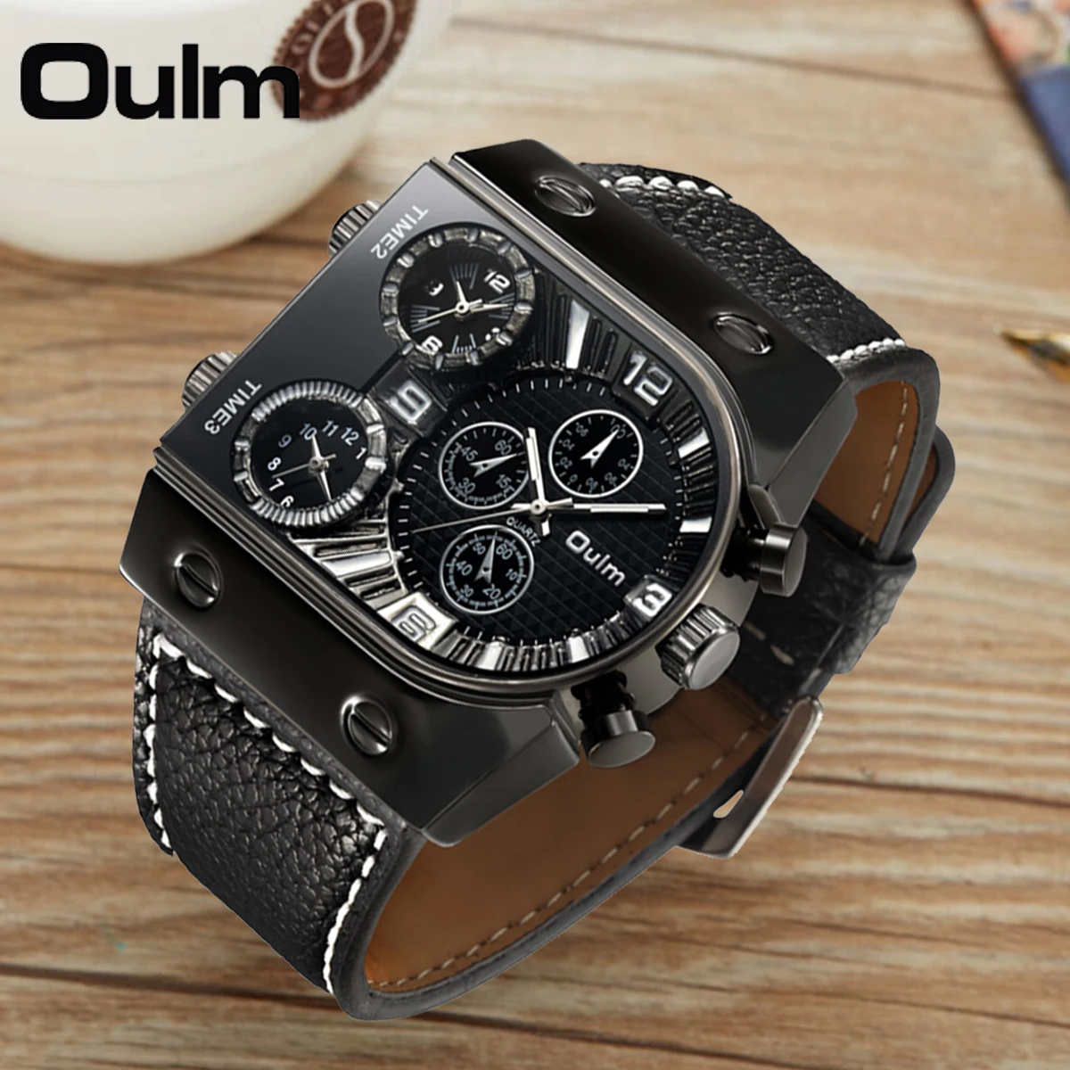 Oulm Unique Big Size Men\'s Watches Three Time Zone Outdoor Sports Watch Male Casual Leather Strap Men Wristwatches Relogio