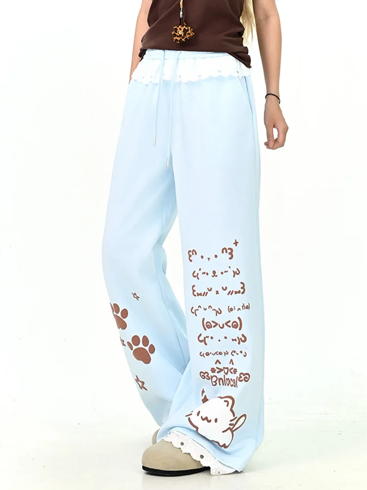 Japon doux Kawaii pantalon femmes dentelle Patchwork taille haute dessin animé jambe large pantalon Vintage mignon Preppy Style automne hiver pantalon nouveau