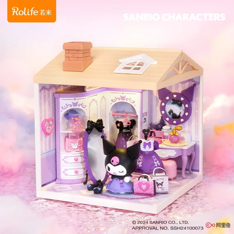 Sanrio blocos de construção de madeira diy casa caixa de música decoração de mesa quebra-cabeça montagem modelo brinquedos presentes de aniversário para crianças